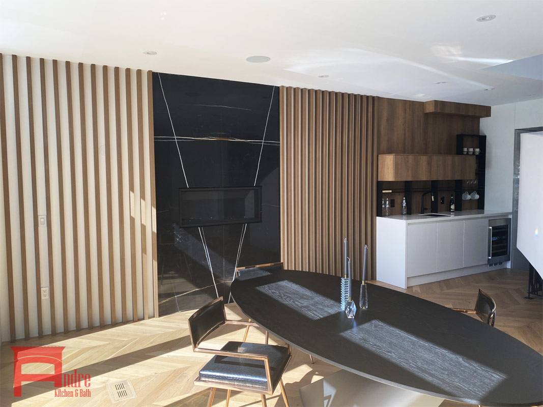 Modern Fireplace With Black Quartz And Natural Veneer Strip Design