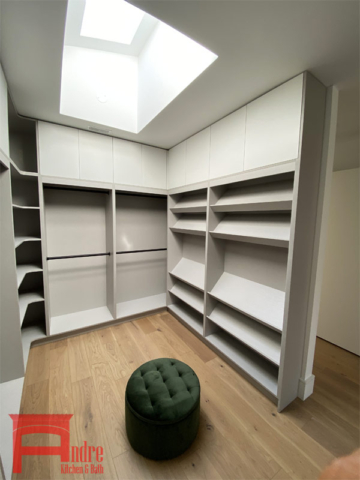 Modern Walk In Closet Linen Laminate, Flat Painted Mdf, And Push Open Doors