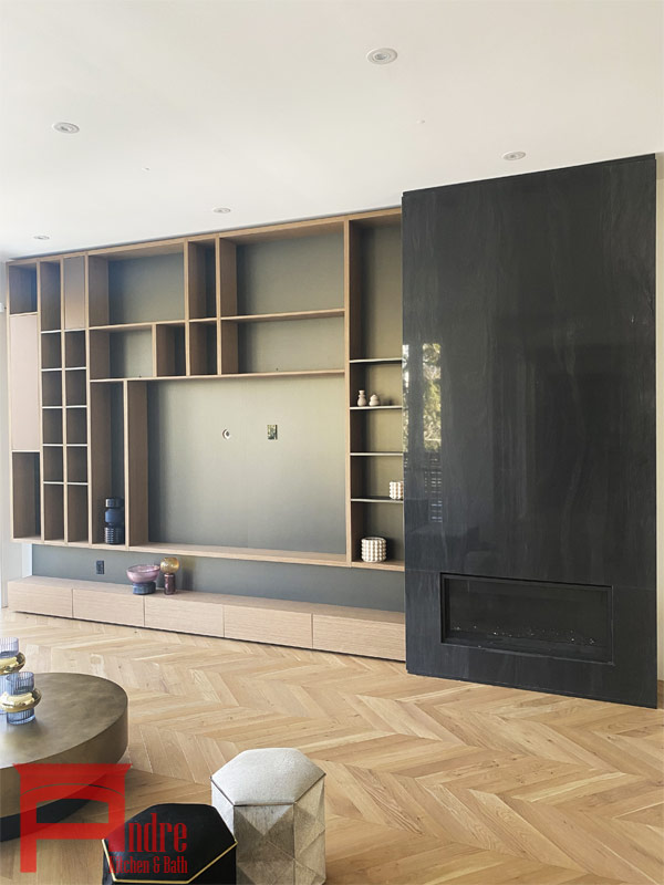 Modern Wall Unit And Tv Panel With Austrian Laminate And Natural Veneer, And Black Quartz Fireplace