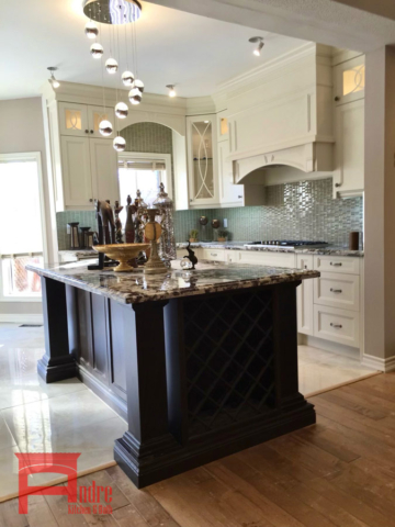 Traditional Kitchen With Painted Mdf Exterior, Walnut Wood Island With Wine Rack, And Quartz Countertop