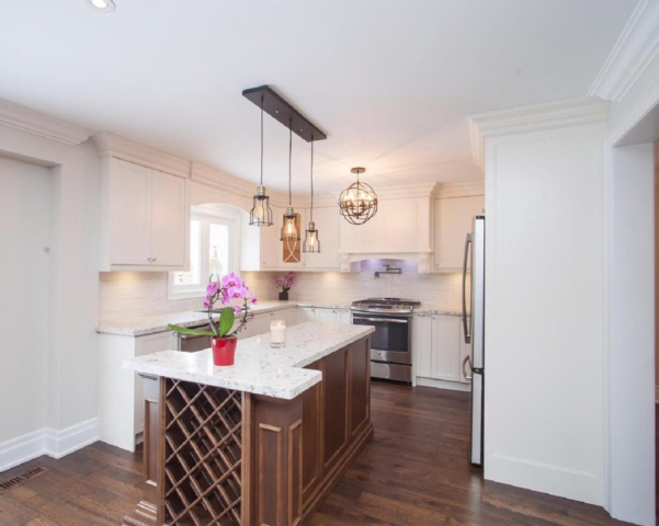 Traditional Kitchen With Off White Painted Mdf Doors Marble Countertops Stained Walnut Wood Island And Wine Rack