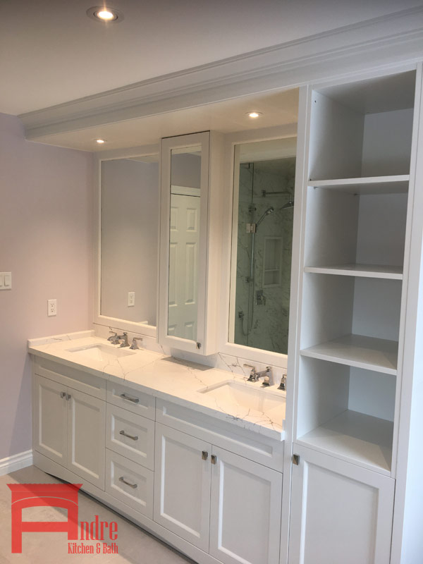 Transitional Double Sink Bathroom Vanity With Painted Mdf, Angle Shaker Profiled Doors, Upper Units, Quartz Countertop, And Medicine Cabinet With Mirror