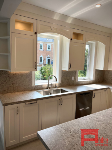 Transitional Kitchen With Painted Mdf, Double Shaker Door Profiles, Island With Natural Oak Wood, Decorative Mantle Hood Design, Quartz Countertops, Pull Out Bin 2