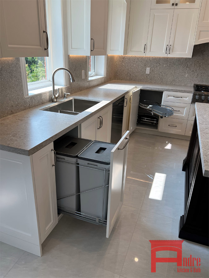 Transitional Kitchen With Painted Mdf, Double Shaker Door Profiles, Island With Natural Oak Wood, Decorative Mantle Hood Design, Quartz Countertops, Pull Out Bin 3