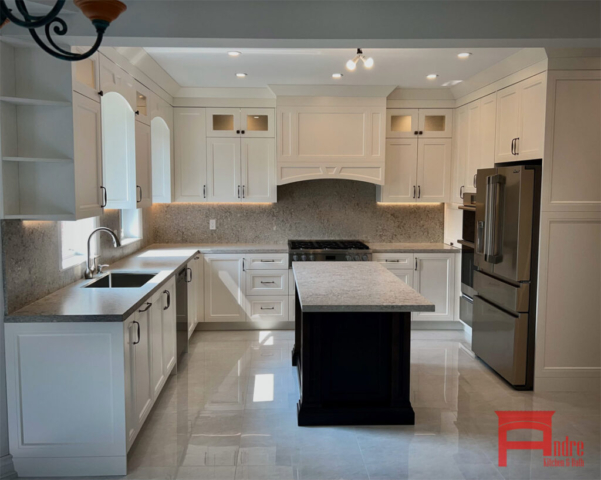 Transitional Kitchen With Painted Mdf, Double Shaker Door Profiles, Island With Natural Oak Wood, Decorative Mantle Hood Design, Quartz Countertops, Pull Out Bin 4