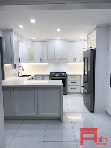 Transitional Kitchen With Painted Mdf Quartz Countertop And Backsplash And Led Lighting 2