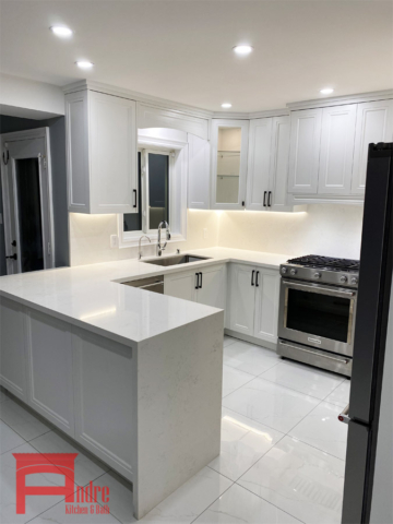 Transitional Kitchen With Painted Mdf Quartz Countertop And Backsplash And Led Lighting 3