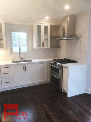 Transitional Kitchen With Painted Mdf, Quartz Waterfall Countertop And Double Shaker Profile Doors