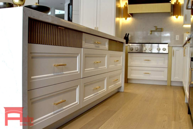 Transitional Kitchen With Painted Mdf And Piano Finish High Gloss Exterior, Quartz Countertop And Backsplash, Waterfall Island, And Custom Mantle Hood With Golden Metallic Frame 4