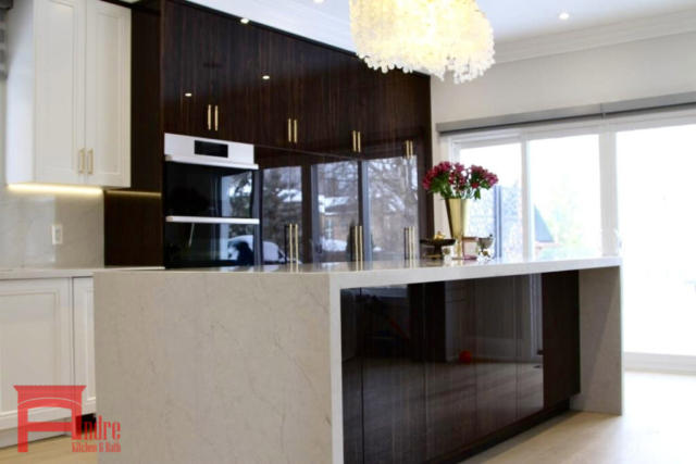 Transitional Kitchen With Painted Mdf And Piano Finish High Gloss Exterior, Quartz Countertop And Backsplash, Waterfall Island, And Custom Mantle Hood With Golden Metallic Frame 5