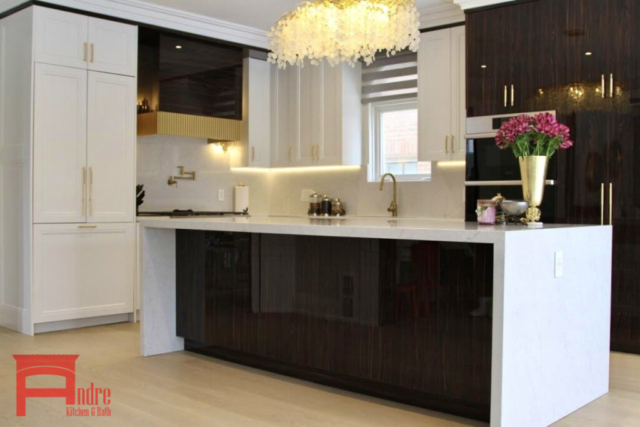 Transitional Kitchen With Painted Mdf And Piano Finish High Gloss Exterior, Quartz Countertop And Backsplash, Waterfall Island, And Custom Mantle Hood With Golden Metallic Frame 7