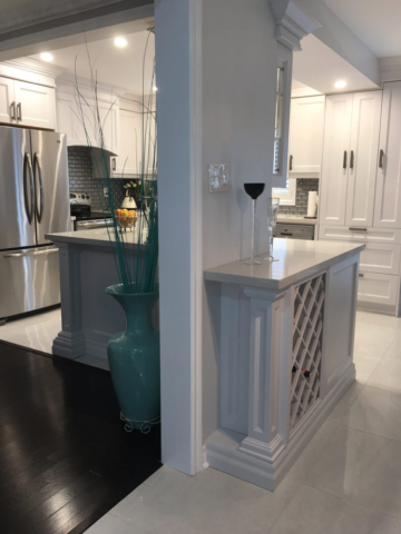 Transitional Kitchen With Light Grey Painted Mdf Doors Quartz Countertops And Wine Rack 1