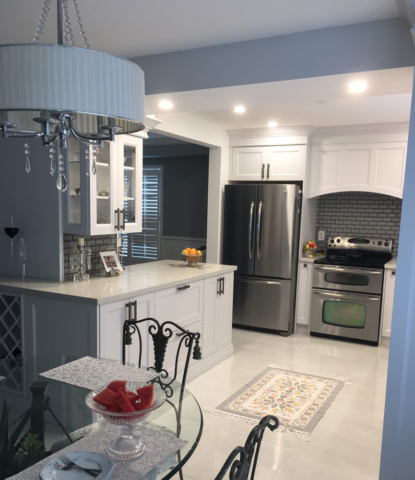 Transitional Kitchen With Light Grey Painted Mdf Doors Quartz Countertops And Wine Rack 2