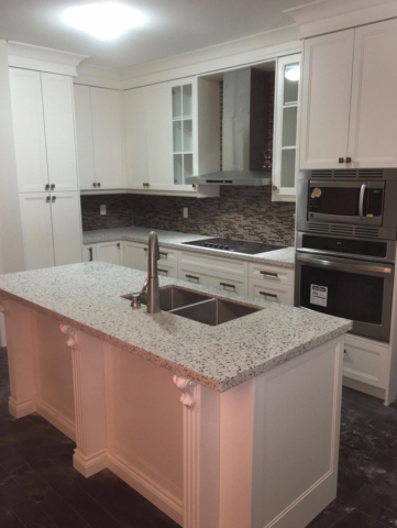 Transitional Kitchen With Off White Painted Mdf Doors Quartz Countertops And Center Island With Sink