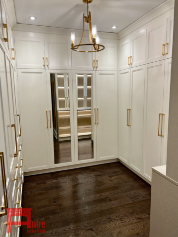 Transitional Walk In Closet With Painted Mdf Doors, Beige Linen Interior, And Display Case With Led Lighting 2